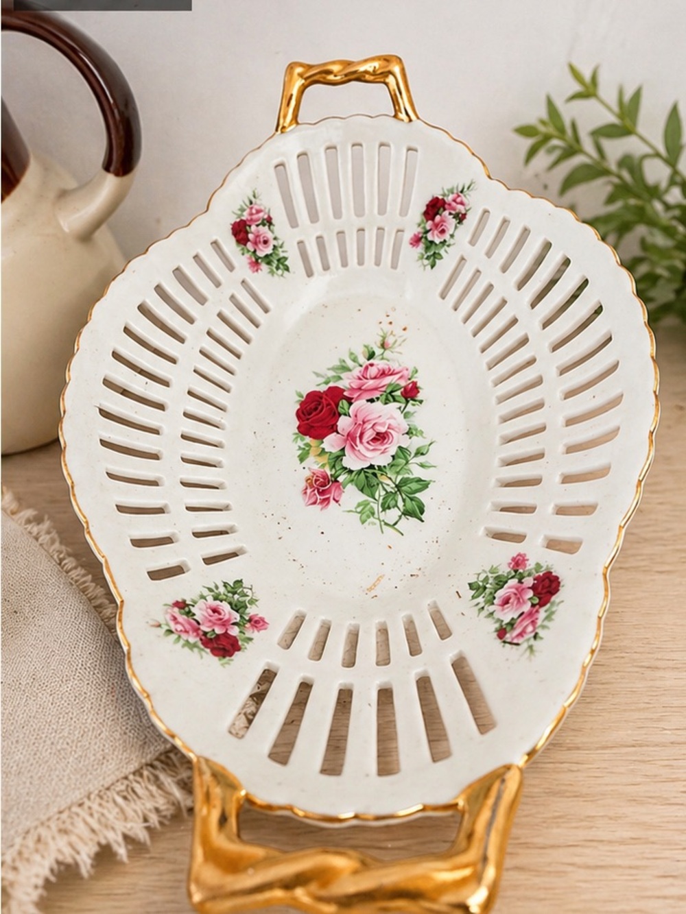 Vintage Formalities by Baum Bros Porcelain Rose Basket Dish w/ Gold Handles 🌸